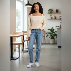 Aster Women’s Cable Knit Cream Cropped Cold Shoulder Sweater Size Large